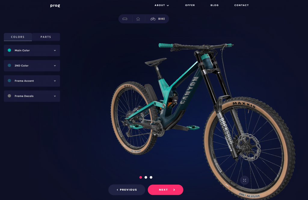 A webGL player in Unity with a 3D model of a bike on a transparent background showing HTML background