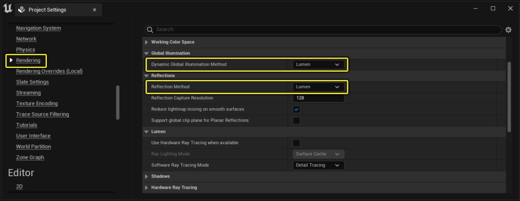 Project Settings in Unreal Engine 5 shows Lumen options.
